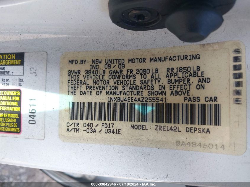 2010 Toyota Corolla S VIN: 1NXBU4EE4AZ255541 Lot: 39842946