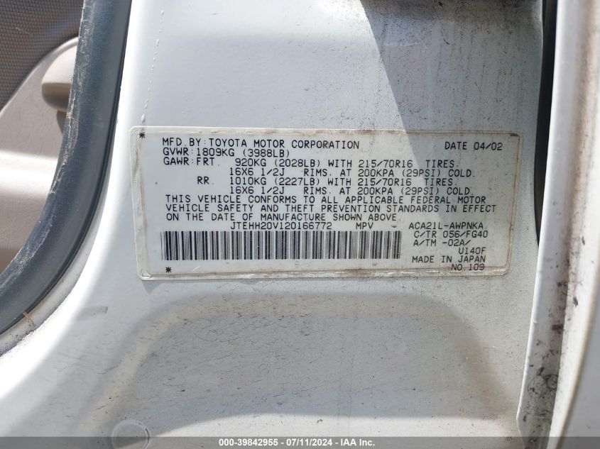 2002 Toyota Rav4 VIN: JTEHH20V120166772 Lot: 39842955
