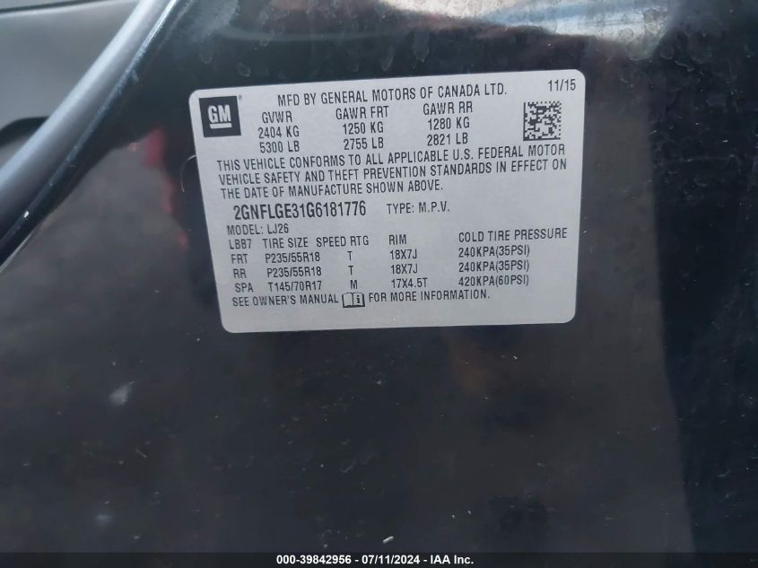 2GNFLGE31G6181776 2016 Chevrolet Equinox Ltz