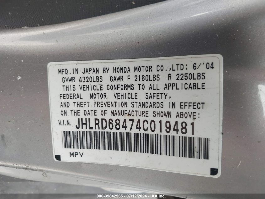 2004 Honda Cr-V Lx VIN: JHLRD68474C019481 Lot: 39842965