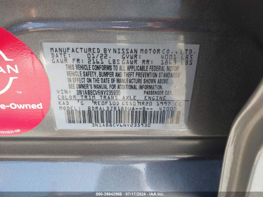 2022 Nissan Sentra Sv Xtronic Cvt VIN: 3N1AB8CV6NY235930 Lot: 39842966