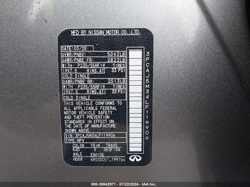 2020 Infiniti Qx50 Sensory Awd VIN: 3PCAJ5M34LF119906 Lot: 39842971