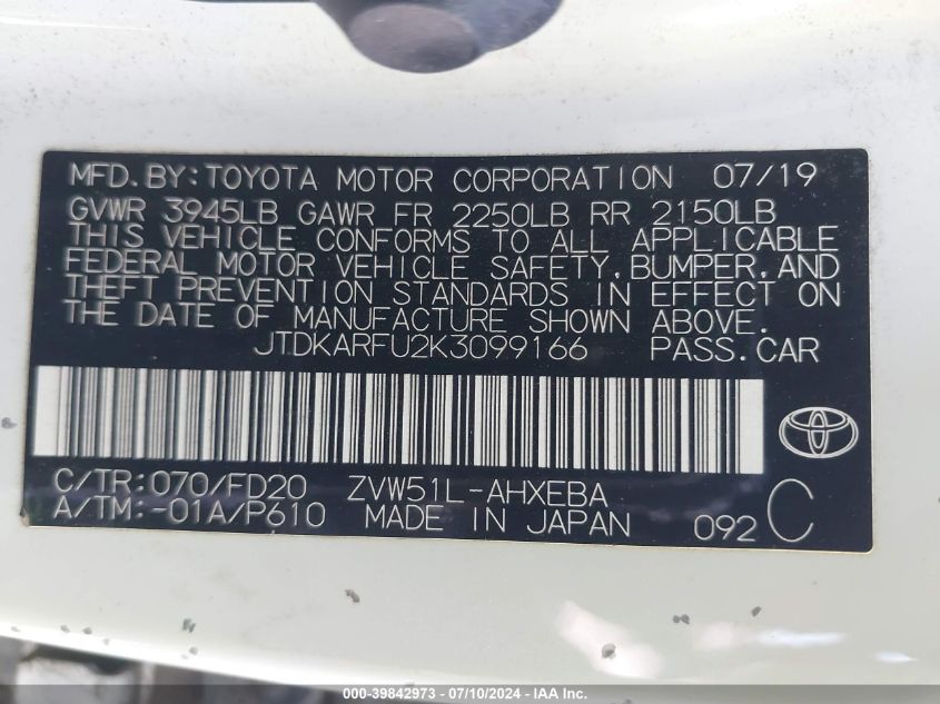 2019 Toyota Prius Le VIN: JTDKARFU2K3099166 Lot: 39842973