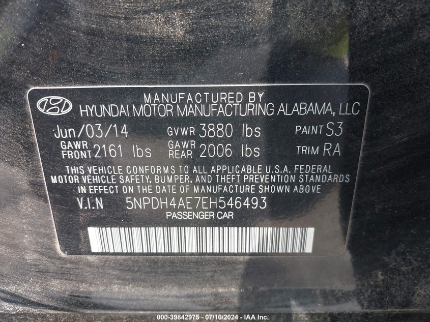 2014 Hyundai Elantra Se VIN: 5NPDH4AE7EH546493 Lot: 39842975