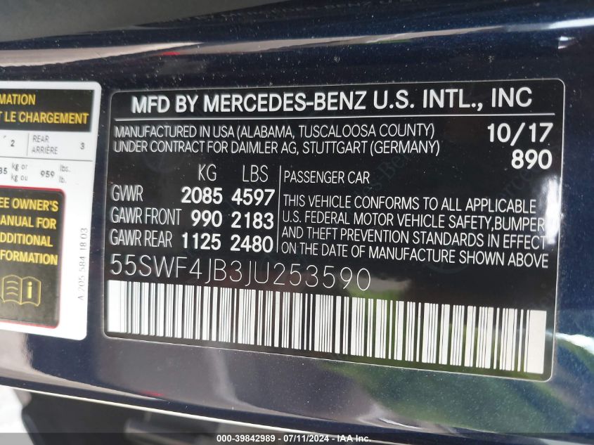 2018 Mercedes-Benz C 300 VIN: 55SWF4JB3JU253590 Lot: 39842989