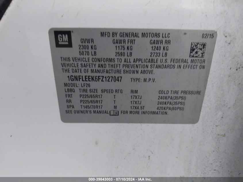 2015 Chevrolet Equinox Ls VIN: 1GNFLEEK6FZ127047 Lot: 39843003