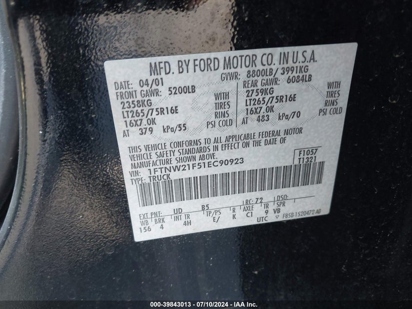 2001 Ford F-250 Lariat/Xl/Xlt VIN: 1FTNW21F51EC90923 Lot: 39843013