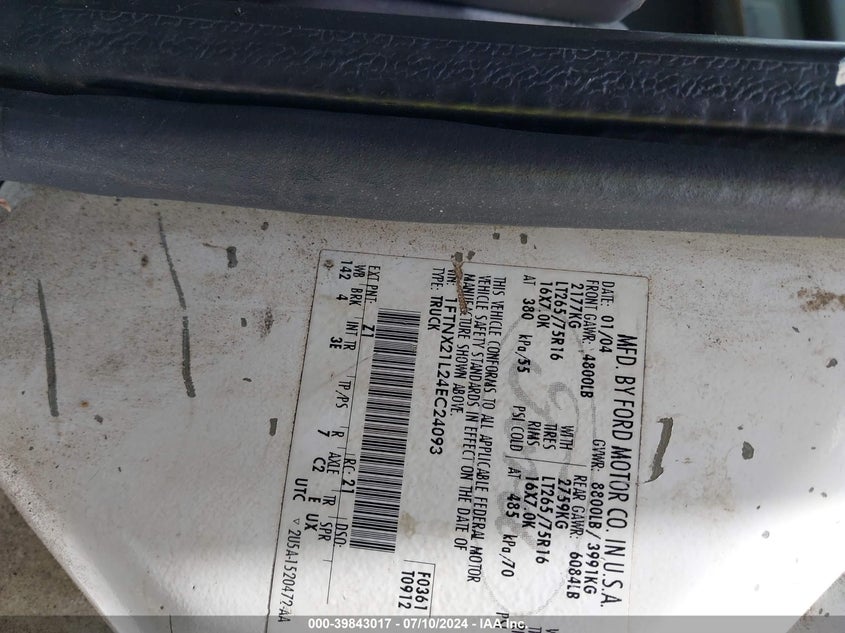 2004 Ford F-250 Lariat/Xl/Xlt VIN: 1FTNX21L24EC24093 Lot: 39843017