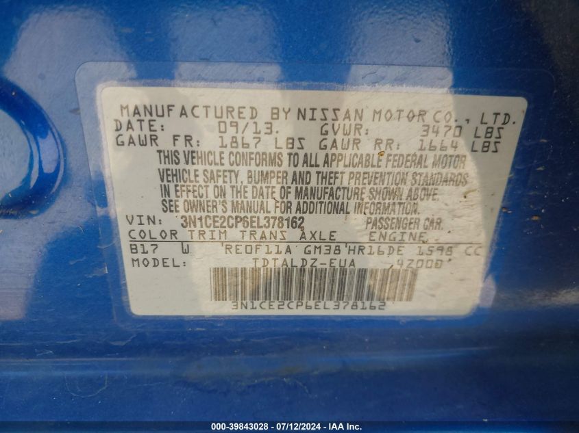 2014 Nissan Versa Note Sv VIN: 3N1CE2CP6EL378162 Lot: 39843028