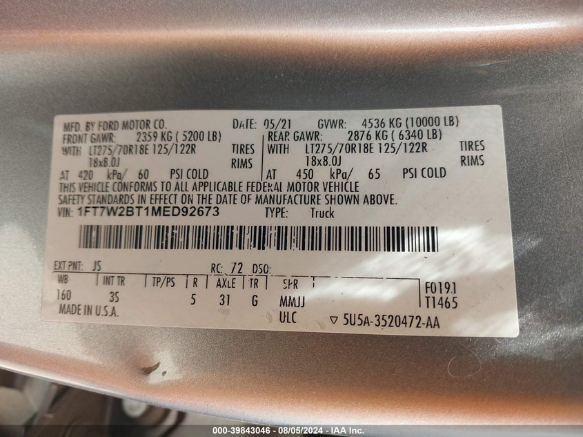 2021 Ford F250 Super Duty VIN: 1FT7W2BT1MED92673 Lot: 39843046