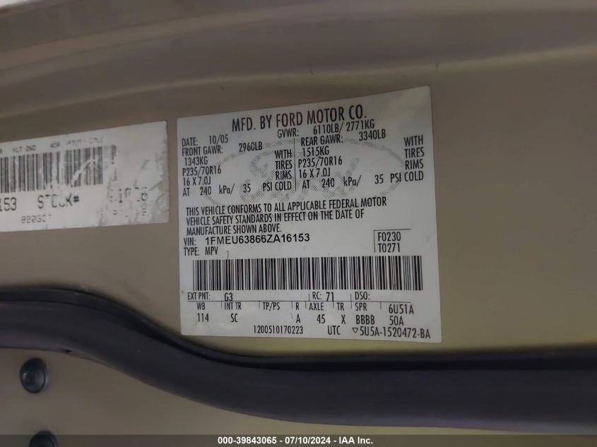 2006 Ford Explorer Xlt VIN: 1FMEU63866ZA16153 Lot: 39843065