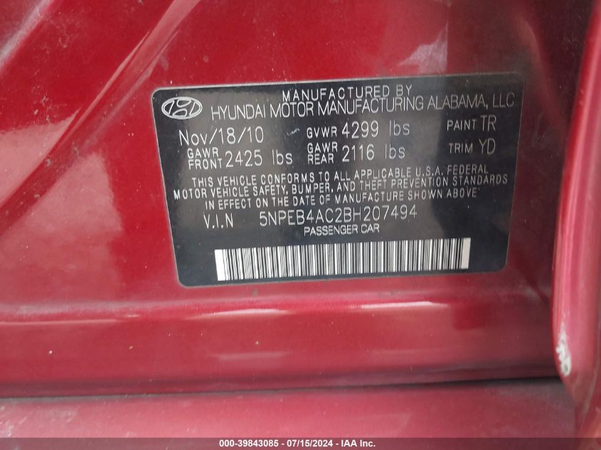 2011 Hyundai Sonata Gls VIN: 5NPEB4AC2BH207494 Lot: 39843085