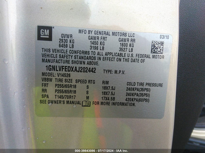 2010 Chevrolet Traverse Lt VIN: 1GNLVFEDXAJ202442 Lot: 39843086