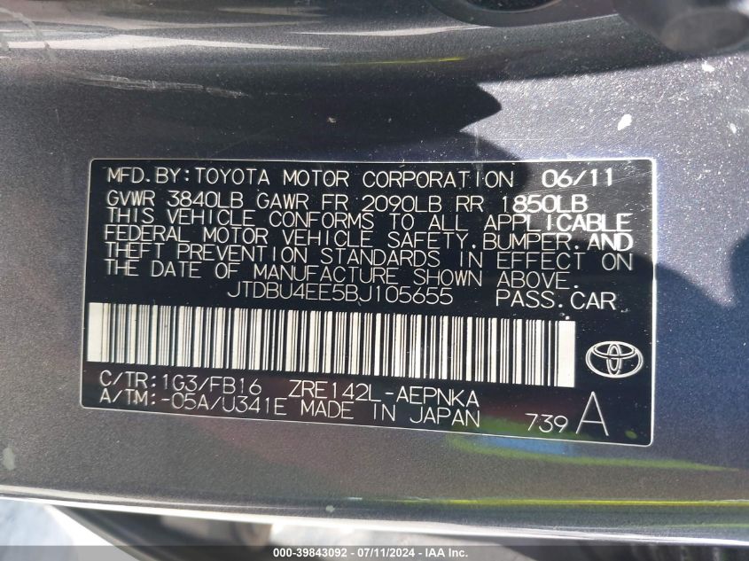 2011 Toyota Corolla Le VIN: JTDBU4EE5BJ105655 Lot: 39843092