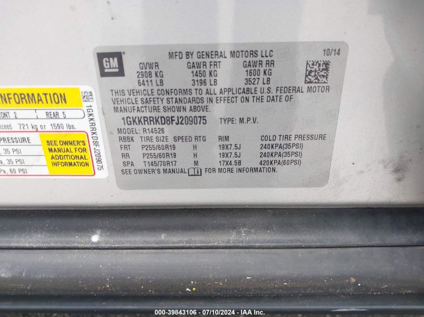 2015 GMC Acadia Slt-1 VIN: 1GKKRRKD8FJ209075 Lot: 39843106