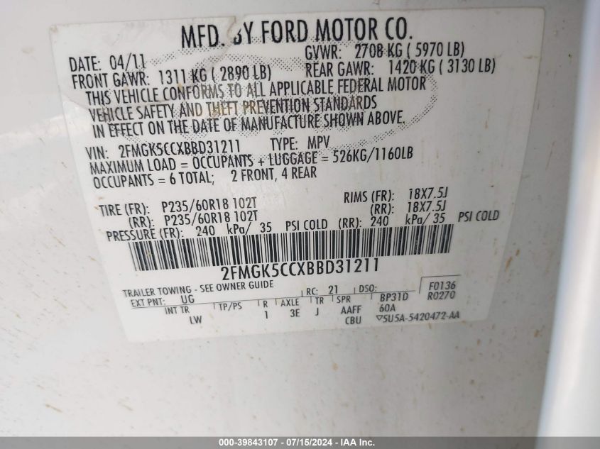 2011 Ford Flex Sel VIN: 2FMGK5CCXBBD31211 Lot: 39843107