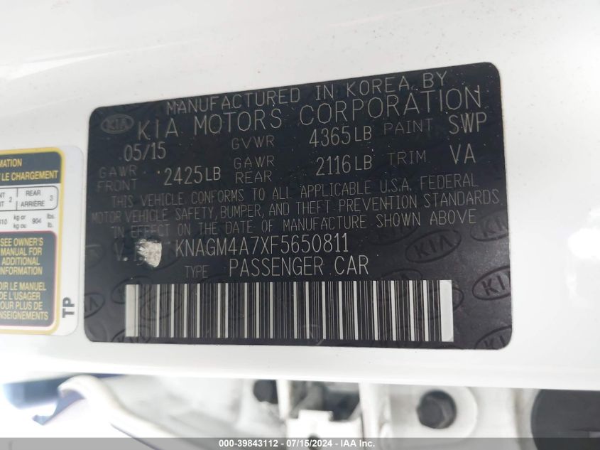 2015 Kia Optima Lx VIN: KNAGM4A7XF5650811 Lot: 39843112