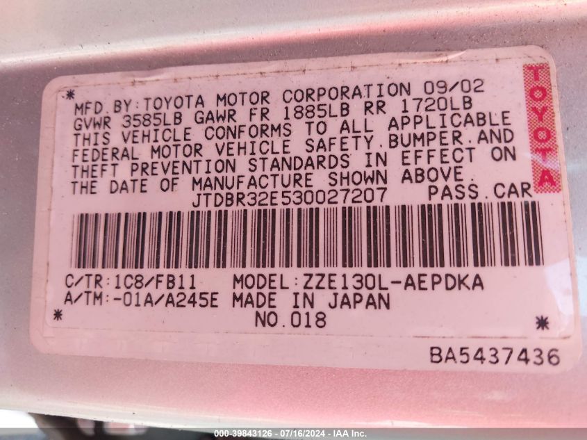 2003 Toyota Corolla Ce VIN: JTDBR32E530027207 Lot: 39843126