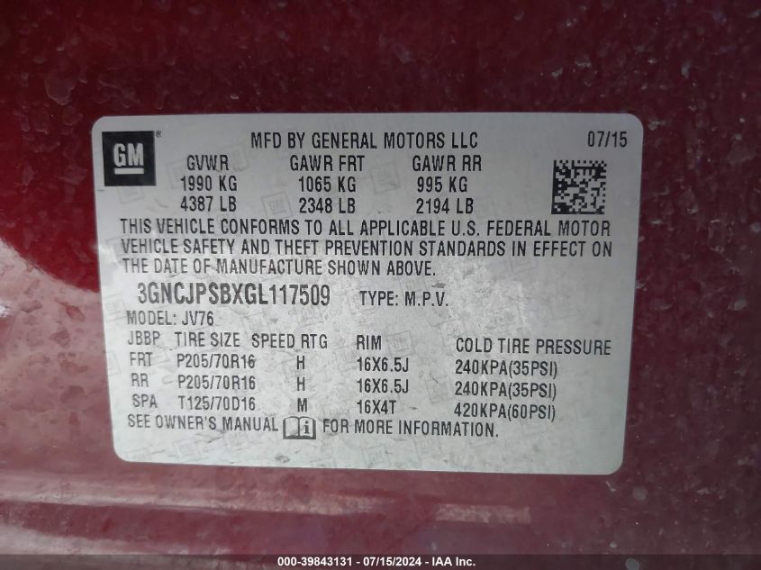 2016 Chevrolet Trax Lt VIN: 3GNCJPSBXGL117509 Lot: 39843131