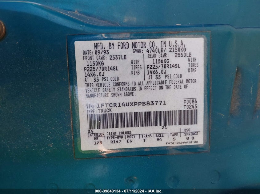 1993 Ford Ranger Super Cab VIN: 1FTCR14UXPPB83771 Lot: 39843134