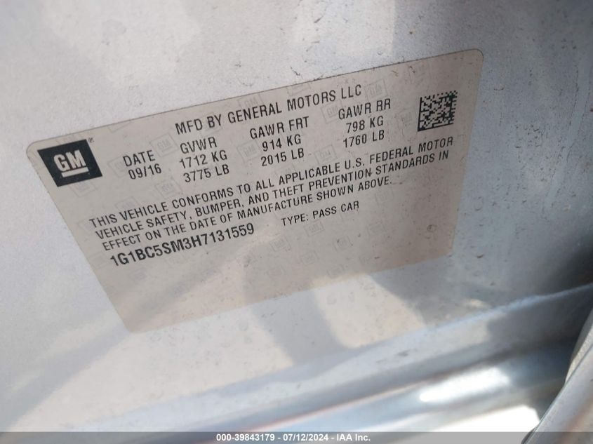 2017 Chevrolet Cruze Ls VIN: 01G1BC5SM3H713155 Lot: 39843179