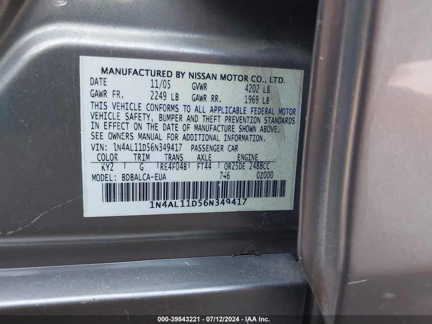 1N4AL11D56N349417 2006 Nissan Altima 2.5 S