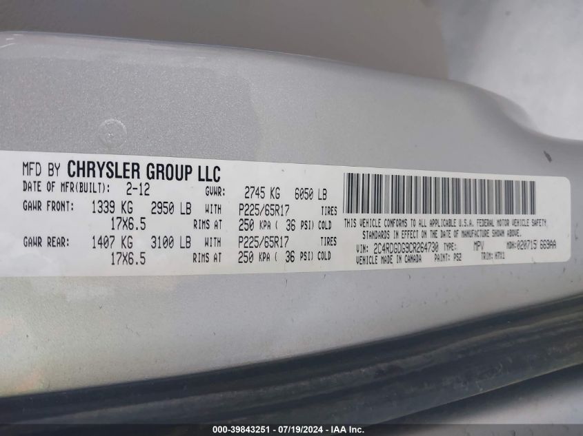 2012 Dodge Grand Caravan Crew VIN: 2C4RDGDG9CR264730 Lot: 39843251