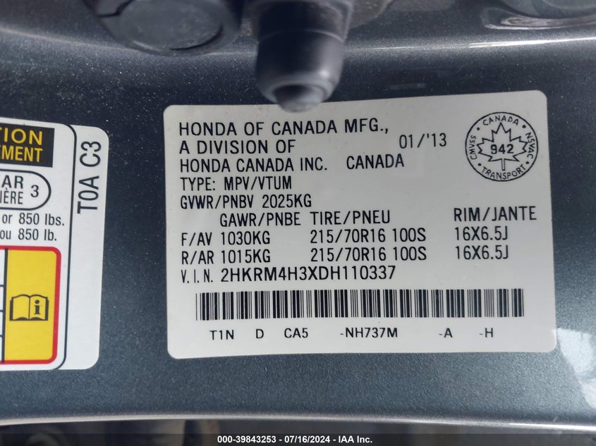 2013 Honda Cr-V Lx VIN: 2HKRM4H3XDH110337 Lot: 39843253