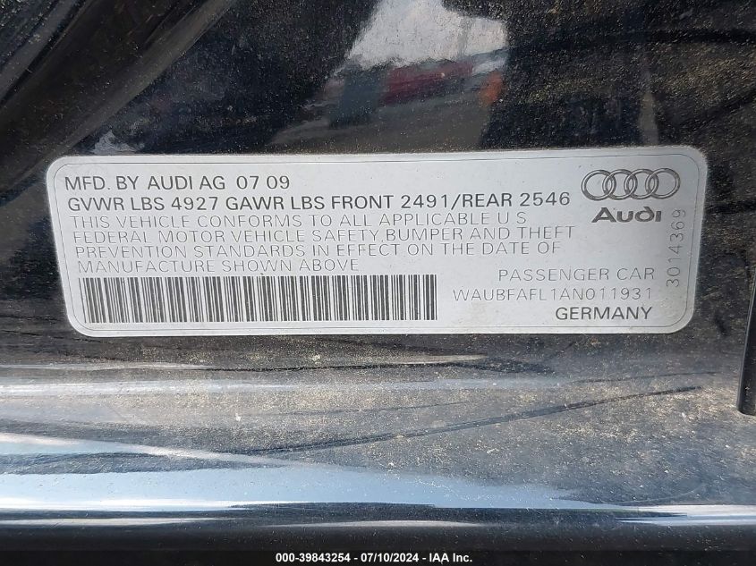 2010 Audi A4 2.0T Premium VIN: WAUBFAFL1AN011931 Lot: 39843254