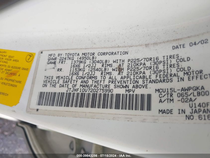 2002 Lexus Rx 300 VIN: JTJHF10U720275990 Lot: 39843256