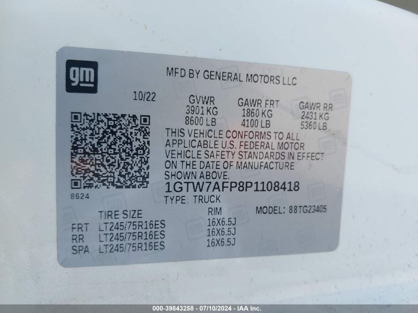 2023 GMC Savana G2500 VIN: 1GTW7AFP8P1108418 Lot: 39843258