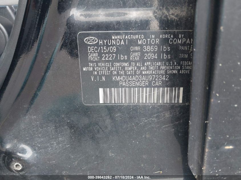 2010 Hyundai Elantra Gls VIN: KMHDU4AD3AU972342 Lot: 39843262