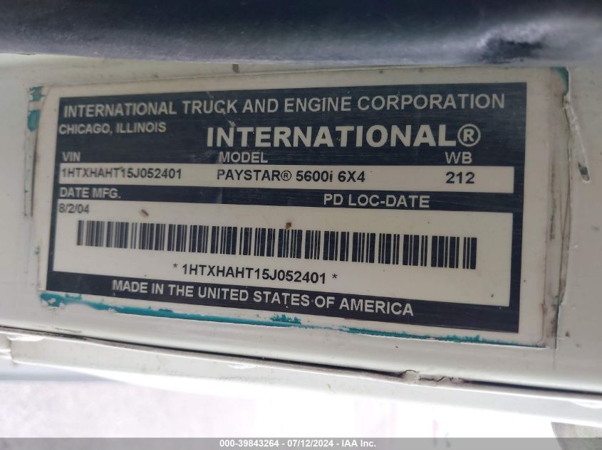 2005 International 5600 VIN: 1HTXHAHT15J052401 Lot: 39843264