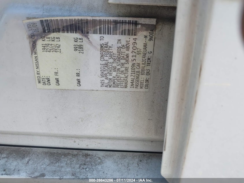 2009 Nissan Altima 2.5 S VIN: 1N4AL21E09N517094 Lot: 39843286