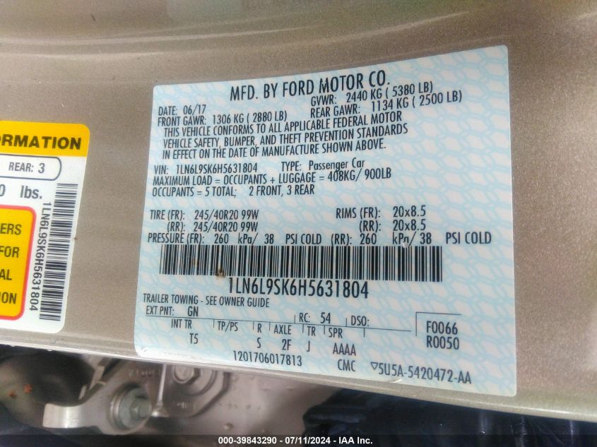 2017 LINCOLN CONTINENTAL SELECT - 1LN6L9SK6H5631804