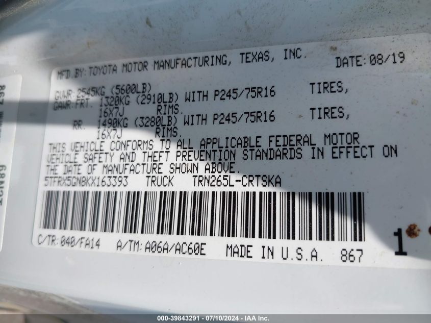 2019 Toyota Tacoma Sr VIN: 5TFRX5GN8KX163393 Lot: 39843291