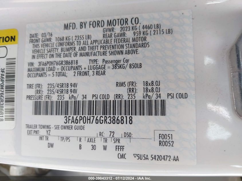 2016 FORD FUSION SE - 3FA6P0H76GR386818