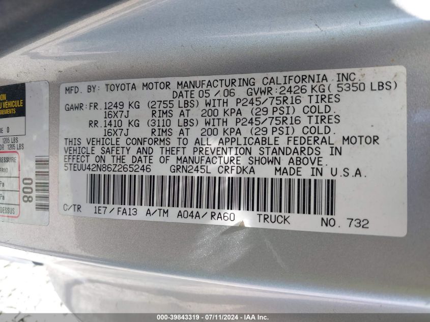 2006 Toyota Tacoma Base V6 VIN: 5TEUU42N86Z265246 Lot: 39843319