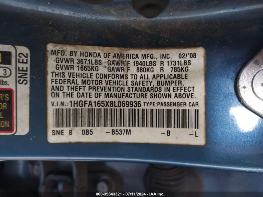 2008 Honda Civic Lx VIN: 1HGFA165X8L069936 Lot: 39843321