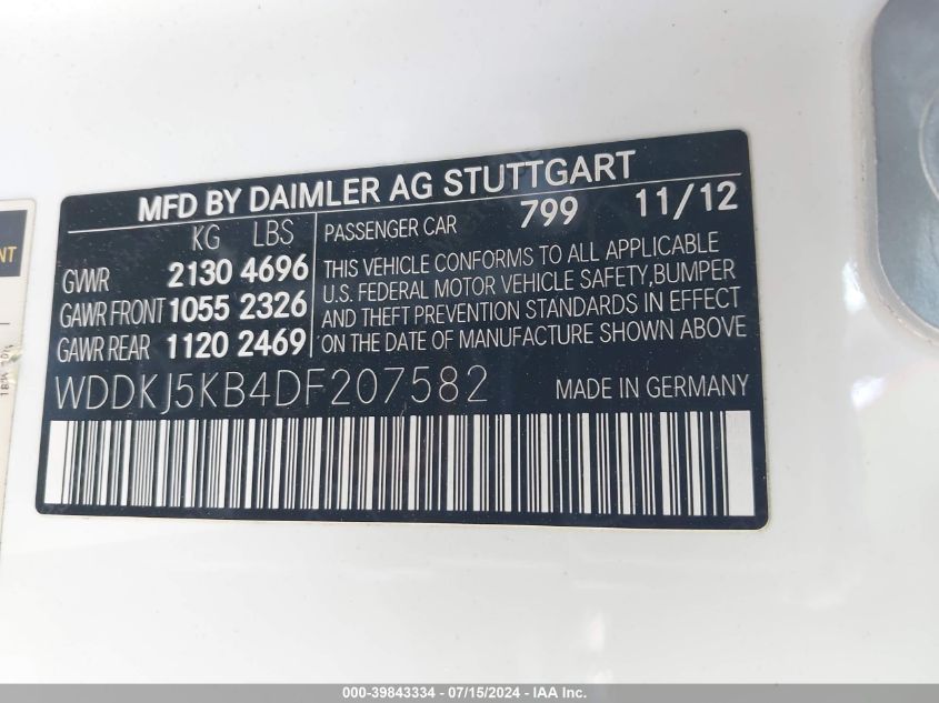 2013 Mercedes-Benz E 350 VIN: WDDKJ5KB4DF207582 Lot: 39843334