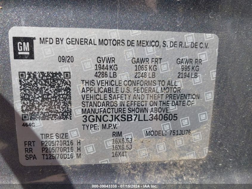 2020 Chevrolet Trax Fwd Ls VIN: 3GNCJKSB7LL340605 Lot: 39843338