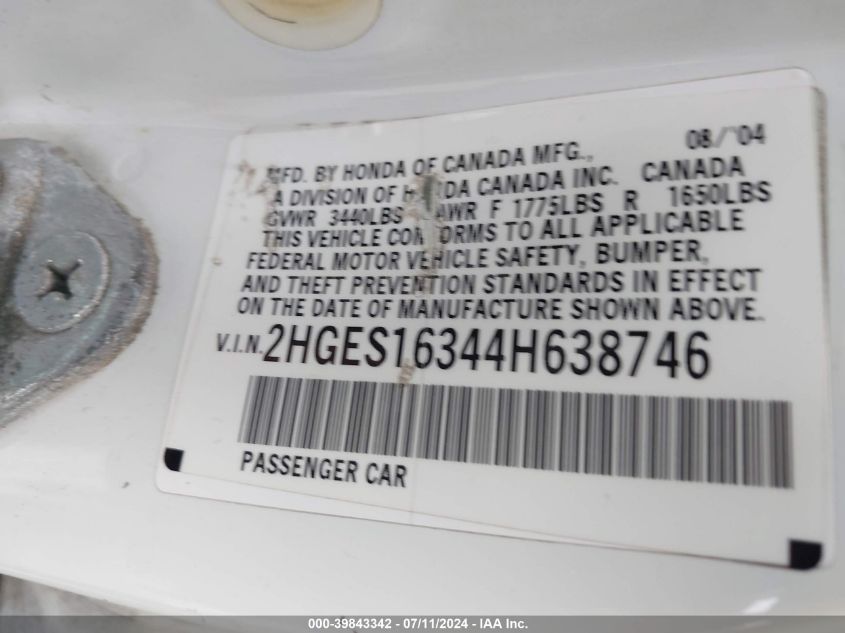 2004 Honda Civic Vp VIN: 2HGES16344H638746 Lot: 39843342