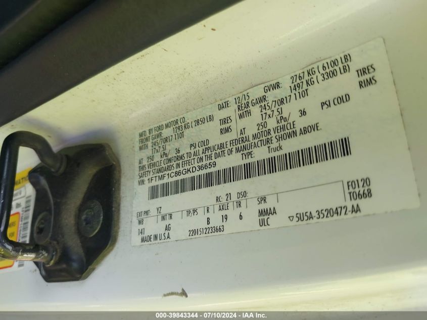 2016 Ford F-150 Xl VIN: 1FTMF1C86GKD36659 Lot: 39843344