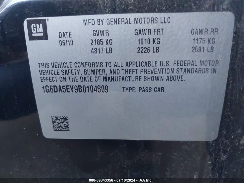 2011 Cadillac Cts VIN: 1G6DA5EY9B0104809 Lot: 39843356