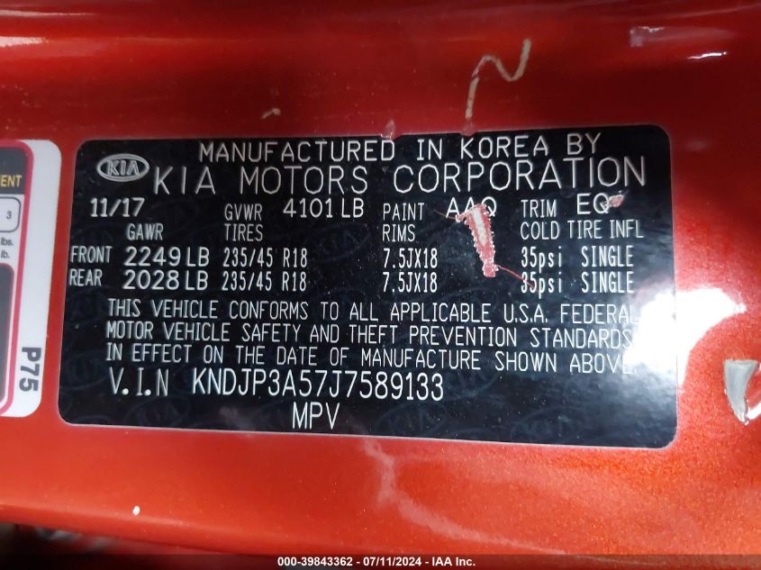 2018 Kia Soul + VIN: KNDJP3A57J7589133 Lot: 39843362