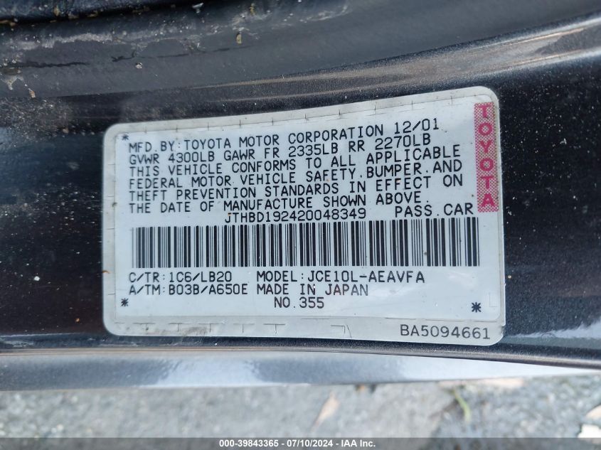 2002 Lexus Is 300 VIN: JTHBD192420048349 Lot: 39843365