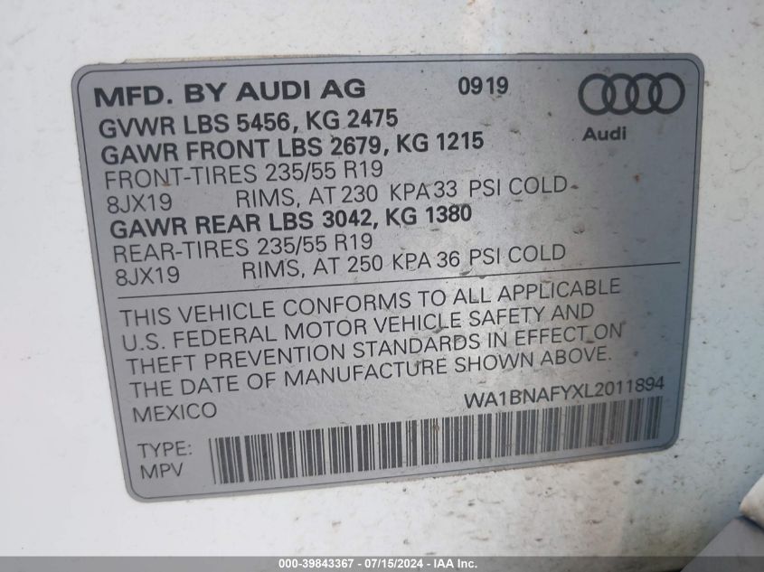 2020 Audi Q5 Premium Plus 45 Tfsi Quattro S Tronic VIN: WA1BNAFYXL2011894 Lot: 39843367