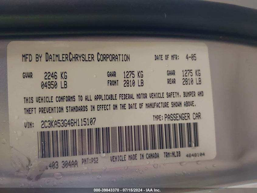 2006 Chrysler 300 Touring VIN: 2C3KA53G46H115107 Lot: 39843370