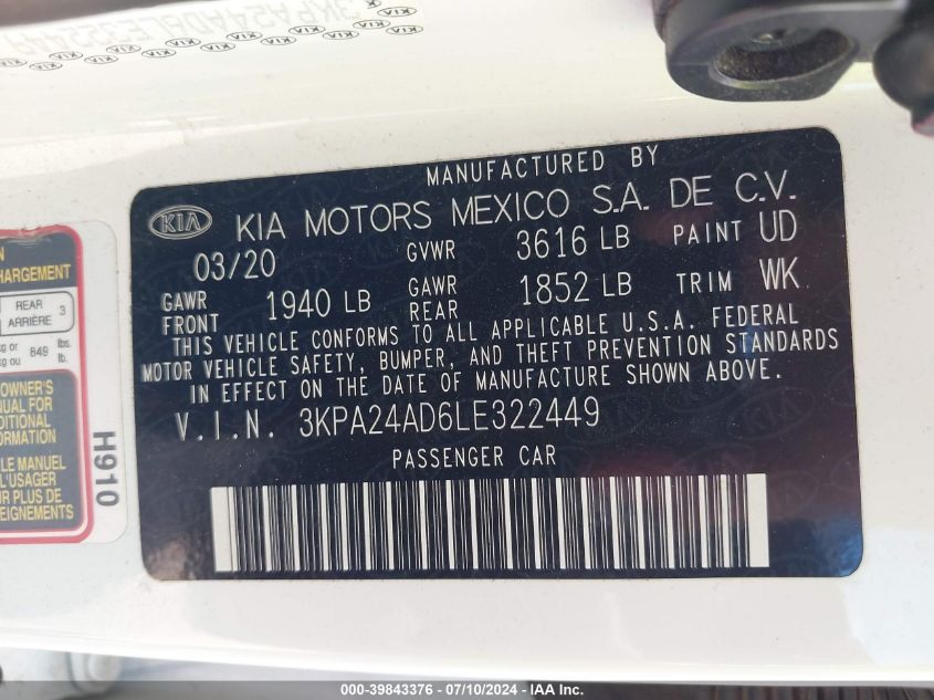 2020 Kia Rio S VIN: 3KPA24AD6LE322449 Lot: 39843376