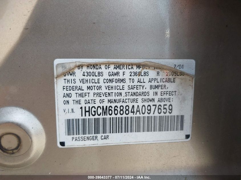 2004 Honda Accord 3.0 Ex VIN: 1HGCM66884A097659 Lot: 39843377
